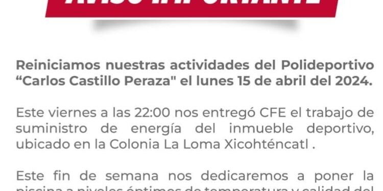 Aviso importante a los usuarios del polideportivo «Carlos Castillo Peraza» de Tlaxcala Capital