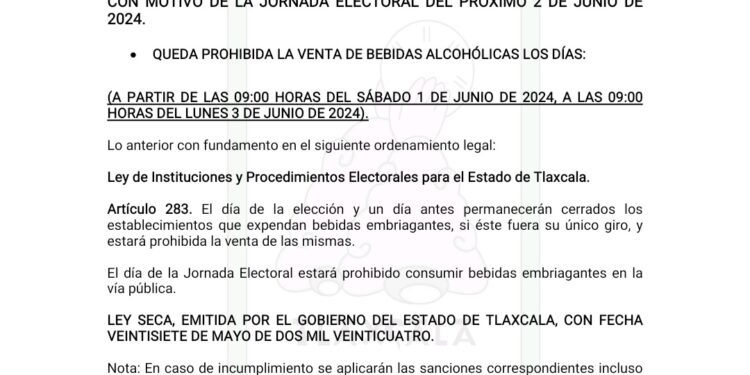 Aplicarán Ley Seca en el municipio de Tlaxcala por elecciones