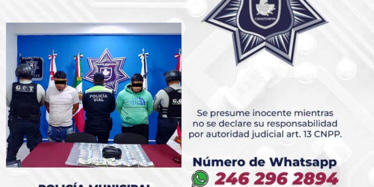 En rápida intervención, logra Policía de Chiautempan detención de dos sujetos por intento de asalto